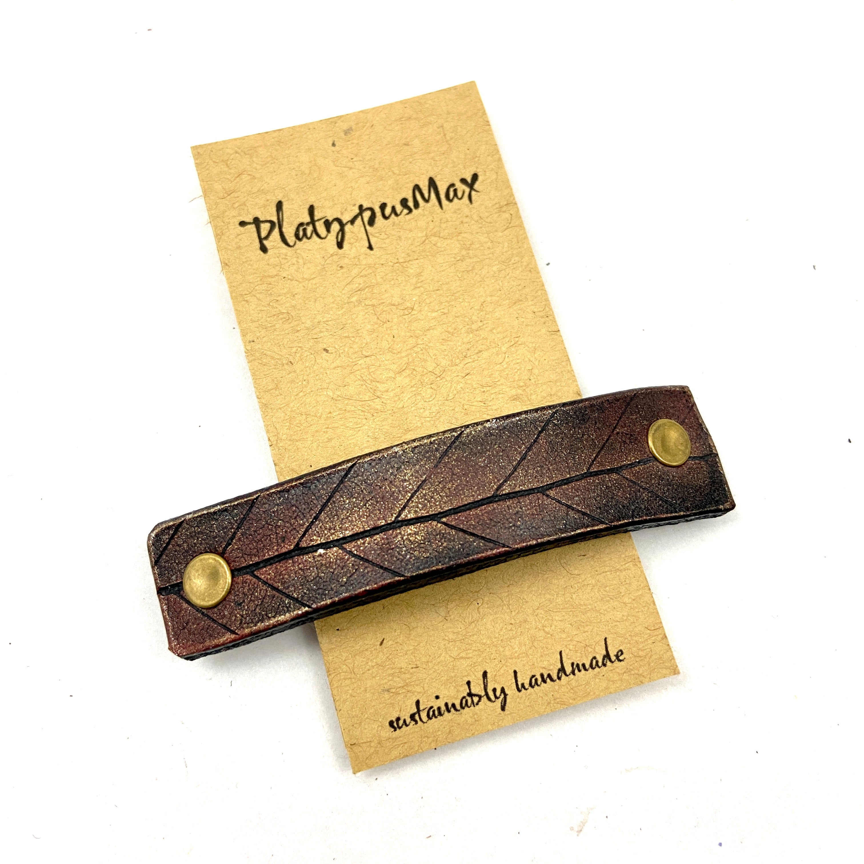 Autumn Red Rustic Beech Leaf Imprint Leather Hair Barrette-3
