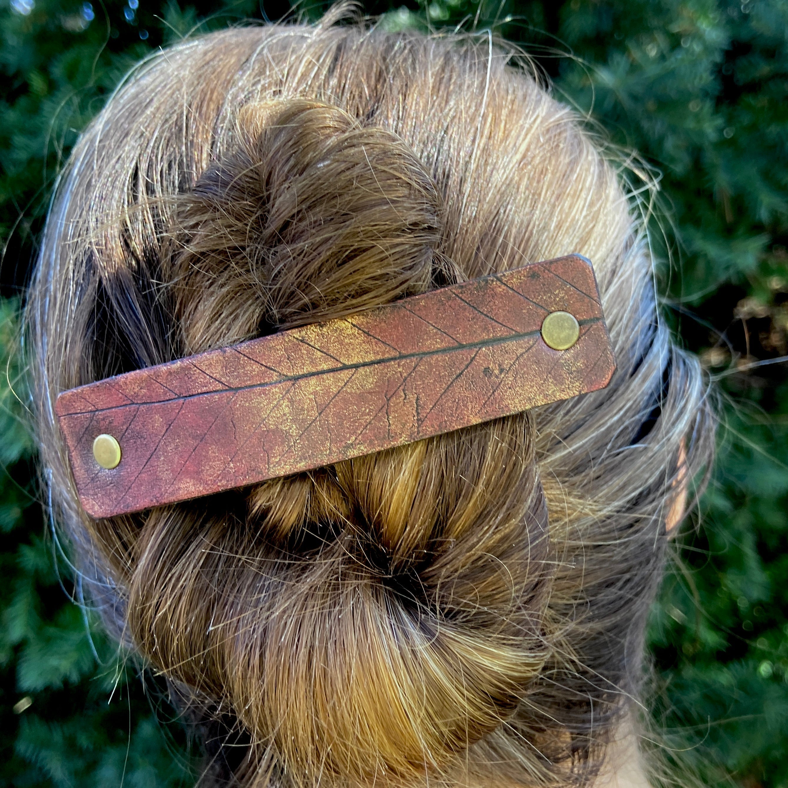 Autumn Red Rustic Beech Leaf Imprint Leather Hair Barrette-1