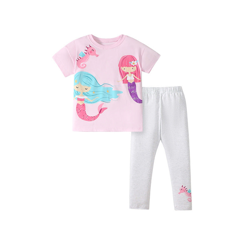 Summer Baby Kids Cartoon Mermaid Pattern T-shirt and Grey Pants Clothing Set for Girls-3
