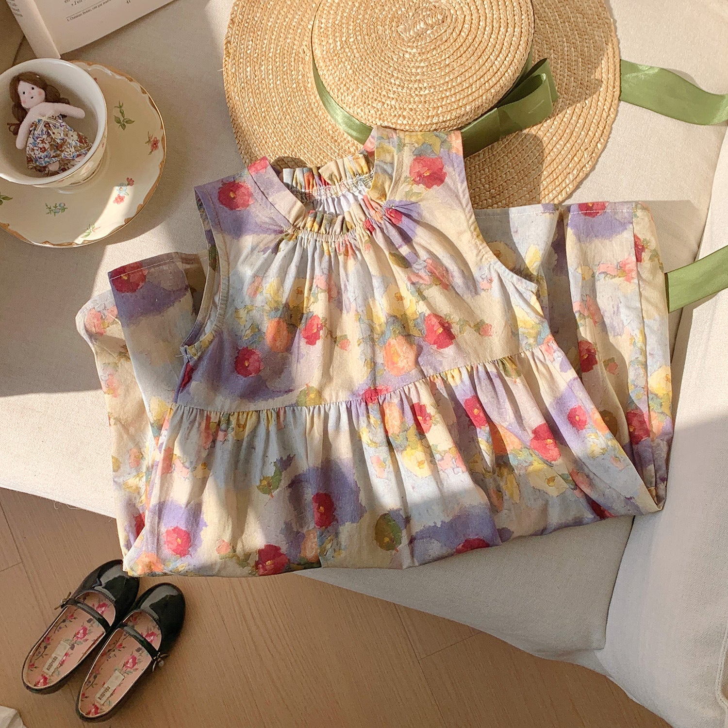 Summer Baby Kids Girls Sleeveless Oil-Painting Flowers Pattern Dress-3